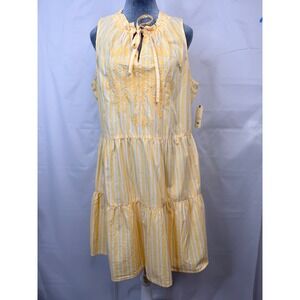 St. John's Bay Yellow White Striped Sundress Embroidered Sleeveless Size L NWT